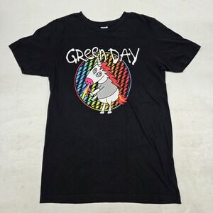 Green Day Punk Band Unicorn Rainbow Puke Men's‎ Black T-Shirt Size Medium EUC